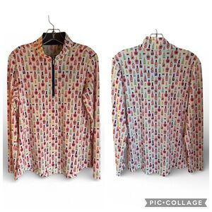 NWT SanSoleil Vineyard Wine Bottle Print Solcool 1/4 Zip Pullover Top